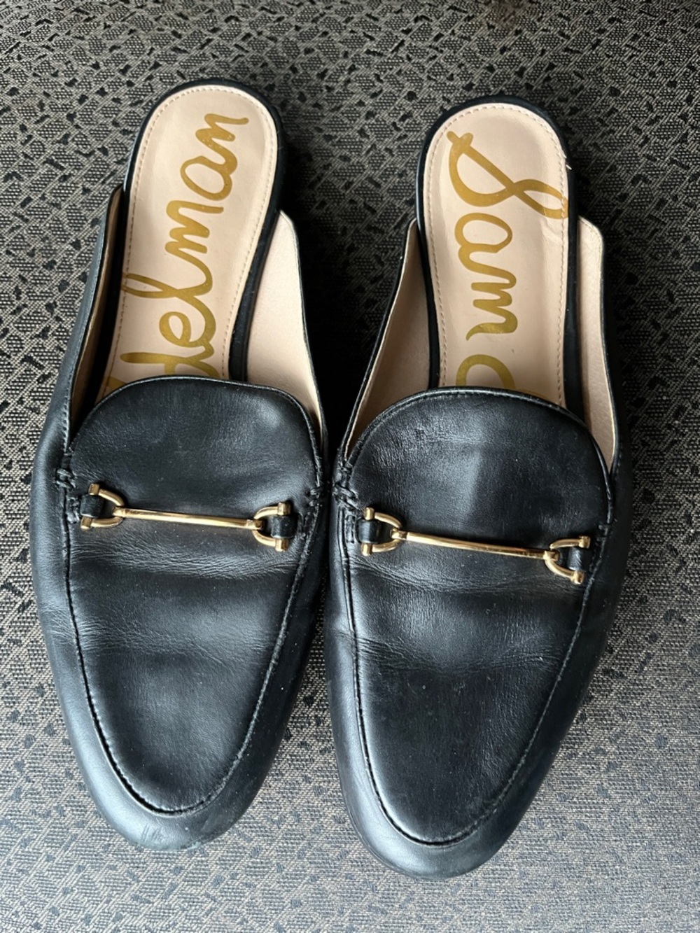 Sam Edelman Black Leather Slip-On Loafer Mules with Gold Hardware